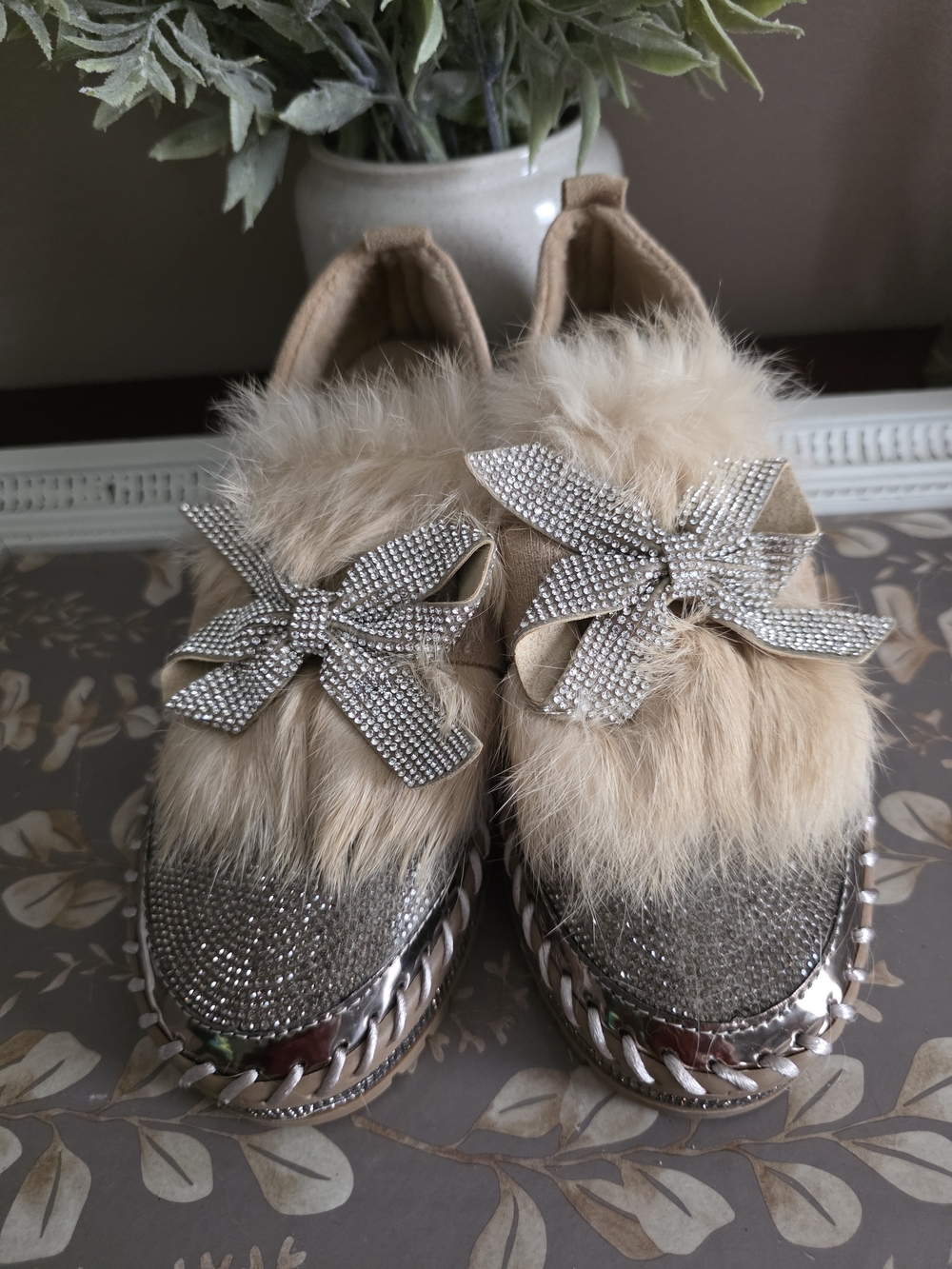 Beige Faux Fur Crystal Bow Platform Slip-On Sneakers